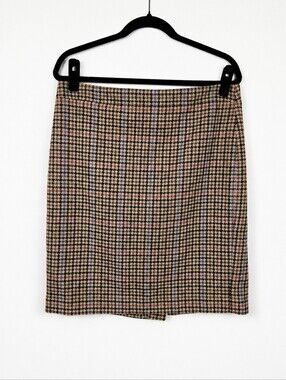 J.Crew Mercantile Wool Houndstooth Plaid Pencil Skirt Brown Blue Size 10 Preppy